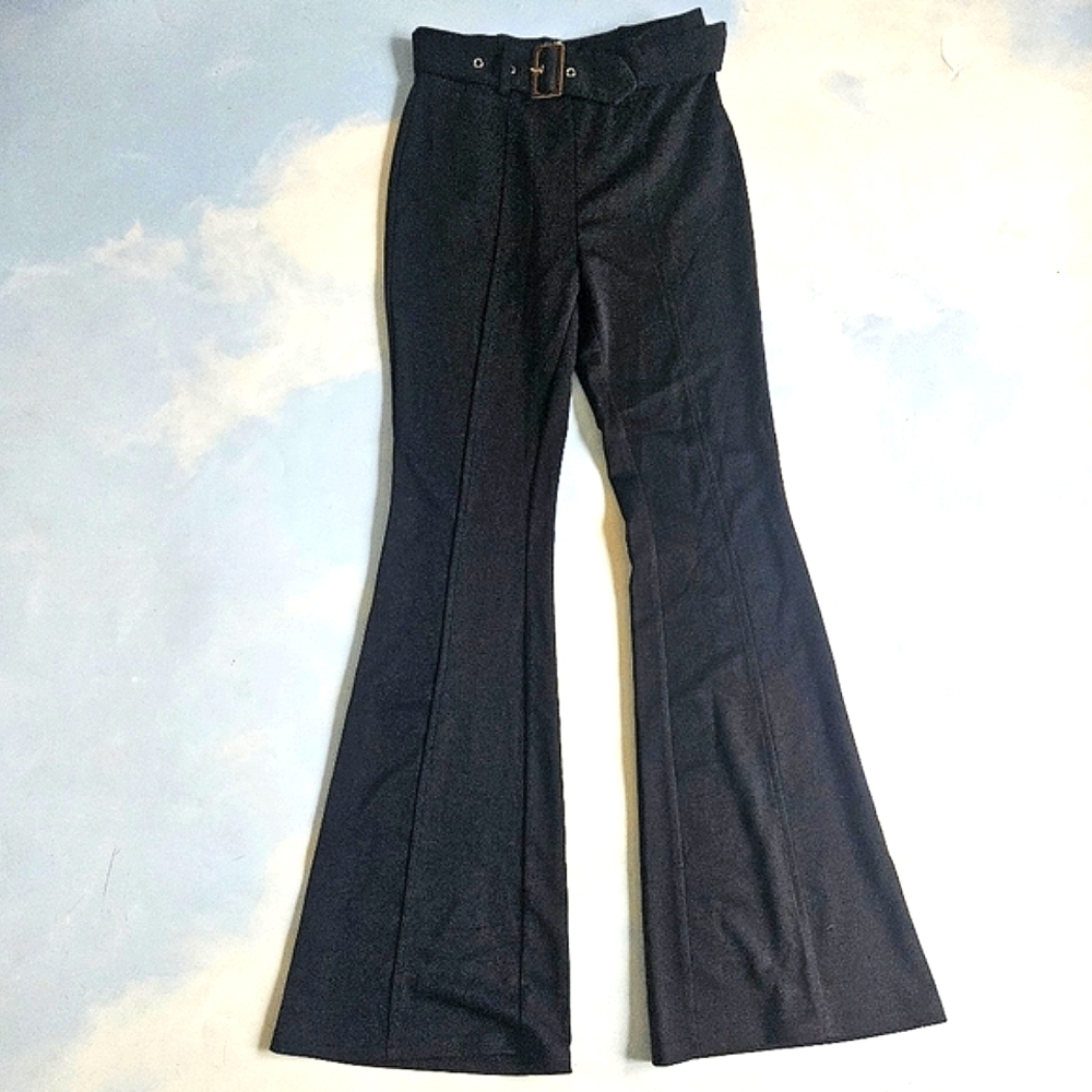 Dressy Black High-Waisted Belted Flare Pants Chic Stylish Black Belted Pants